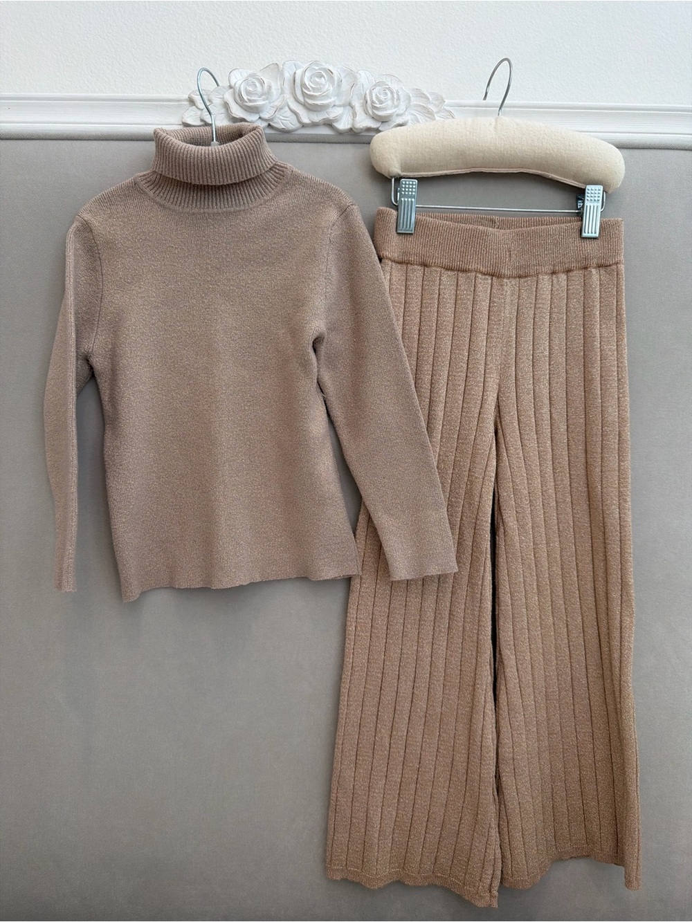 Zara Golden Beige Ribbed Turtleneck Sweater & Wide-Leg Knit Pants Set